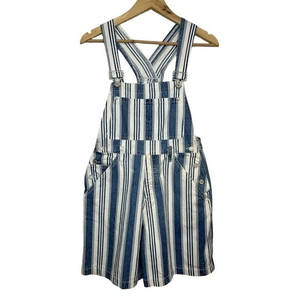 Vintage SKOOZI Blue & White Cotton Striped Shortalls Short Overalls Size Small - Picture 1 of 9